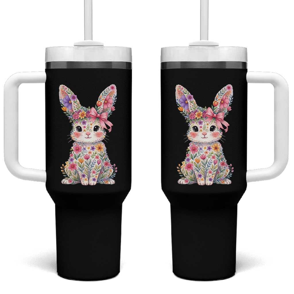 Cute Floral Easter Bunny Graphic Tumbler With Handle Adorable Spring Rabbit with Flowers Pastel Aesthetic Gift