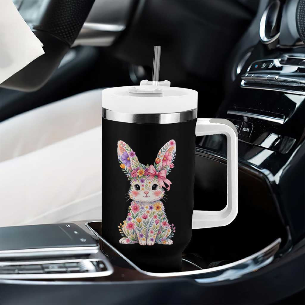 Cute Floral Easter Bunny Graphic Tumbler With Handle Adorable Spring Rabbit with Flowers Pastel Aesthetic Gift