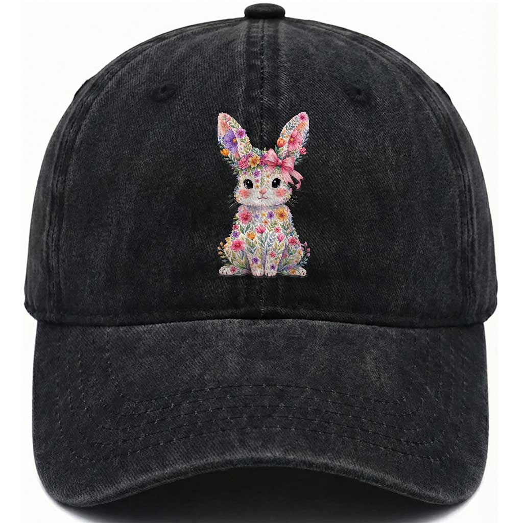 Cute Floral Easter Bunny Graphic Washed Cotton Baseball Cap Adorable Spring Rabbit with Flowers Pastel Aesthetic Gift