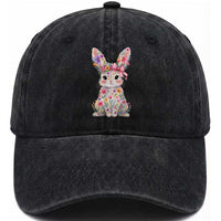 Cute Floral Easter Bunny Graphic Washed Cotton Baseball Cap Adorable Spring Rabbit with Flowers Pastel Aesthetic Gift