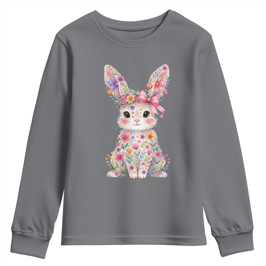 Cute Floral Easter Bunny Graphic Youth Sweatshirt Adorable Spring Rabbit with Flowers Pastel Aesthetic Gift