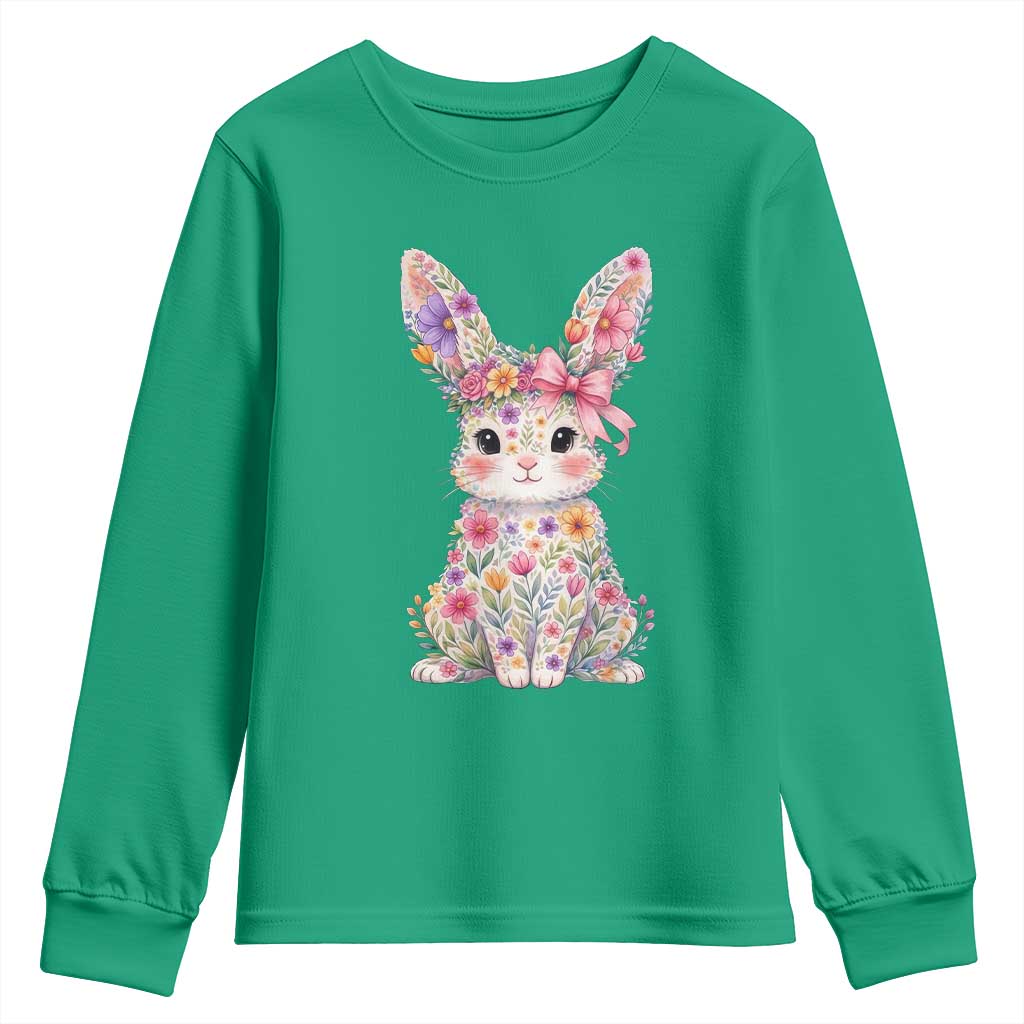 Cute Floral Easter Bunny Graphic Youth Sweatshirt Adorable Spring Rabbit with Flowers Pastel Aesthetic Gift