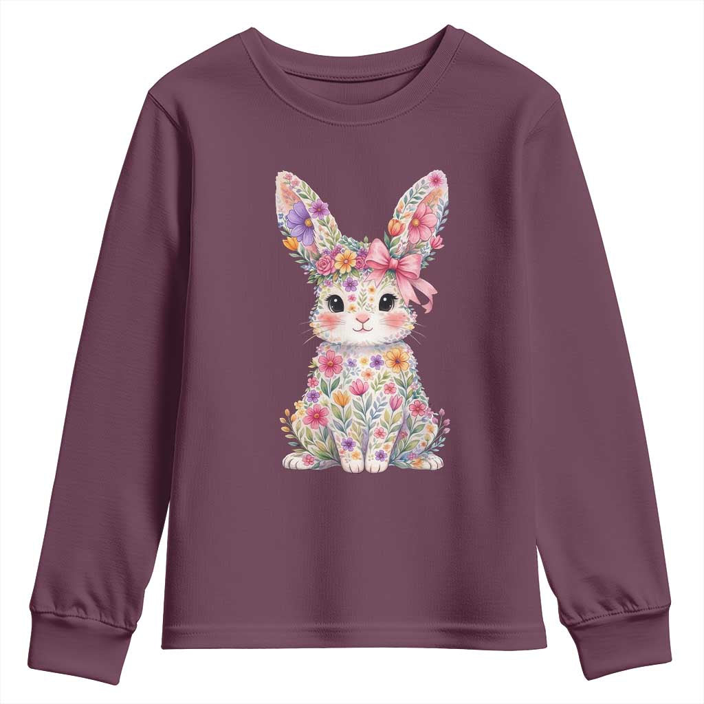 Cute Floral Easter Bunny Graphic Youth Sweatshirt Adorable Spring Rabbit with Flowers Pastel Aesthetic Gift