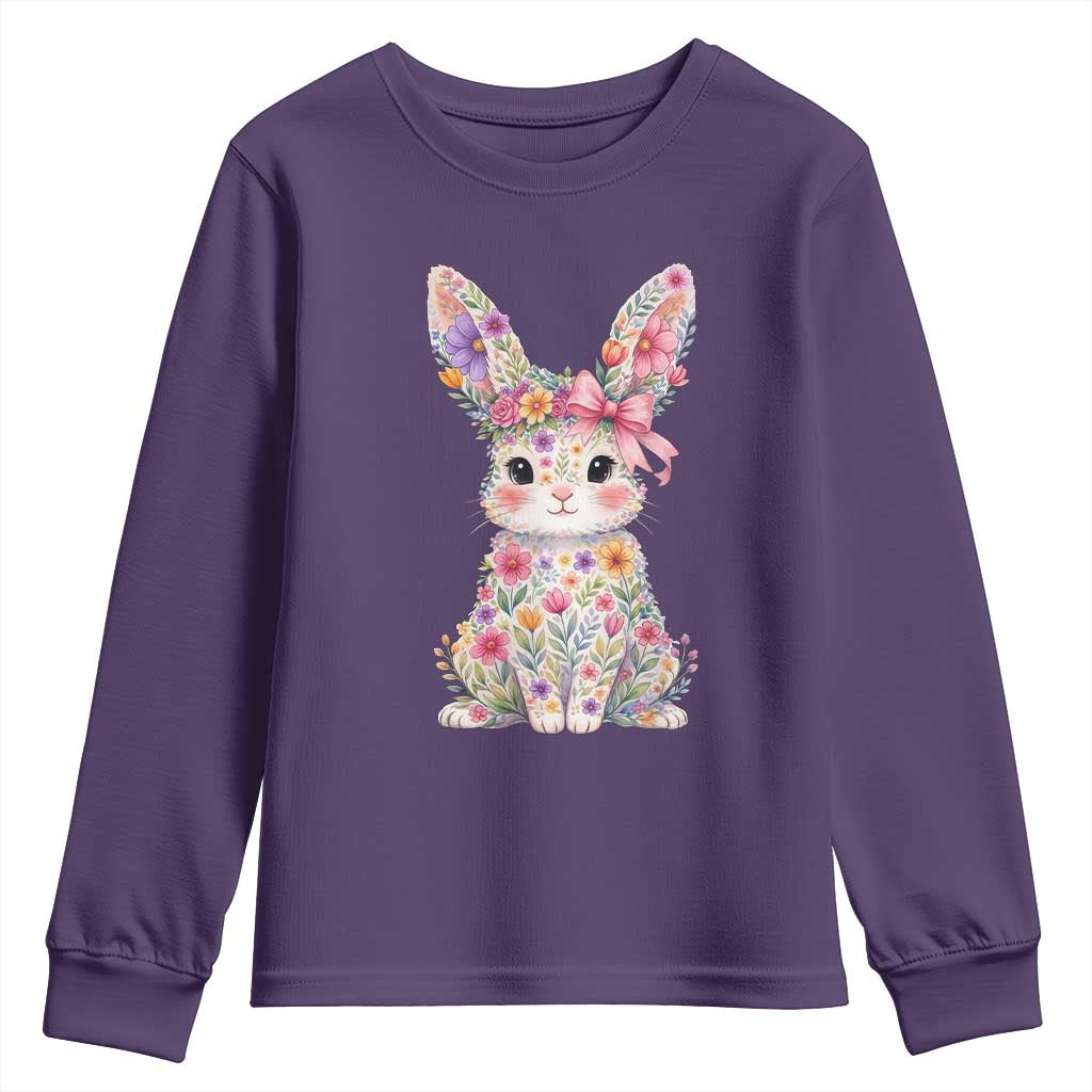 Cute Floral Easter Bunny Graphic Youth Sweatshirt Adorable Spring Rabbit with Flowers Pastel Aesthetic Gift