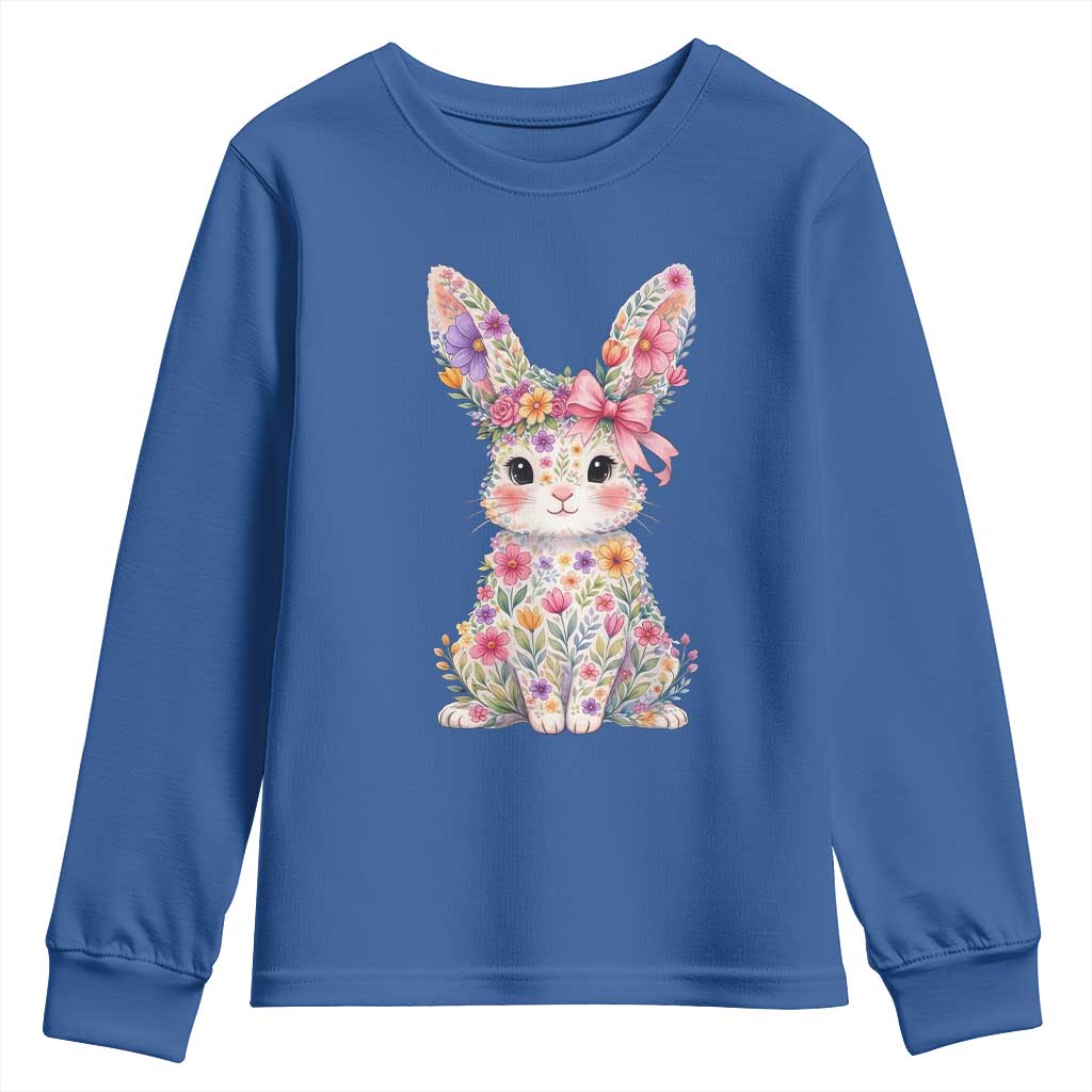 Cute Floral Easter Bunny Graphic Youth Sweatshirt Adorable Spring Rabbit with Flowers Pastel Aesthetic Gift