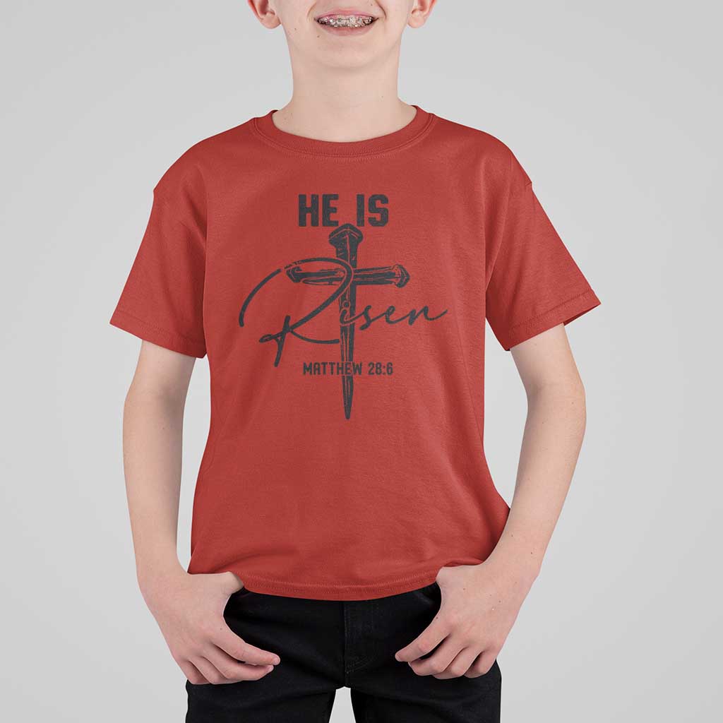 He Is Risen Matthew 28:6 Christian Easter T Shirt For Kid Nail Cross Faith Religious Inspirational Gift