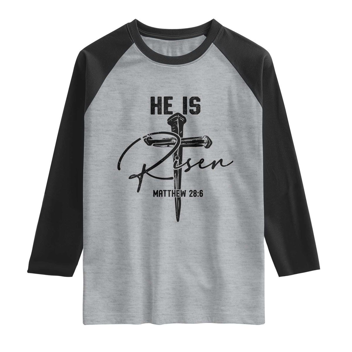 He Is Risen Matthew 28:6 Christian Easter Raglan Shirt Nail Cross Faith Religious Inspirational Gift