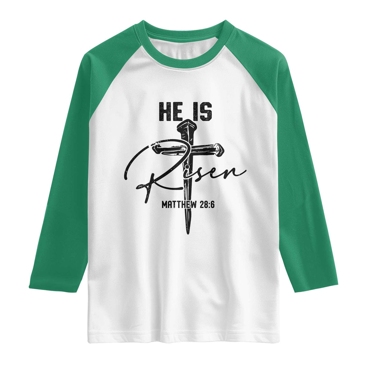 He Is Risen Matthew 28:6 Christian Easter Raglan Shirt Nail Cross Faith Religious Inspirational Gift