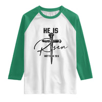 He Is Risen Matthew 28:6 Christian Easter Raglan Shirt Nail Cross Faith Religious Inspirational Gift