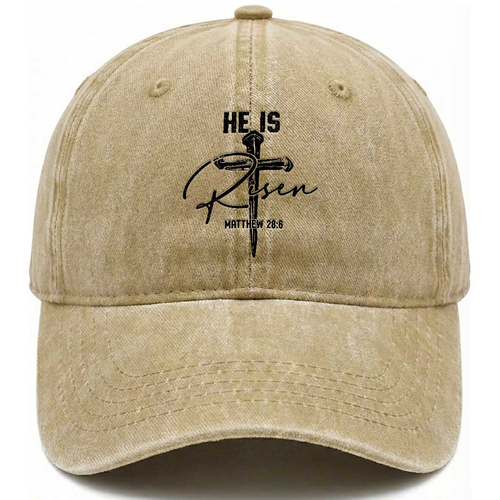 He Is Risen Matthew 28:6 Christian Easter Washed Cotton Baseball Cap Nail Cross Faith Religious Inspirational Gift