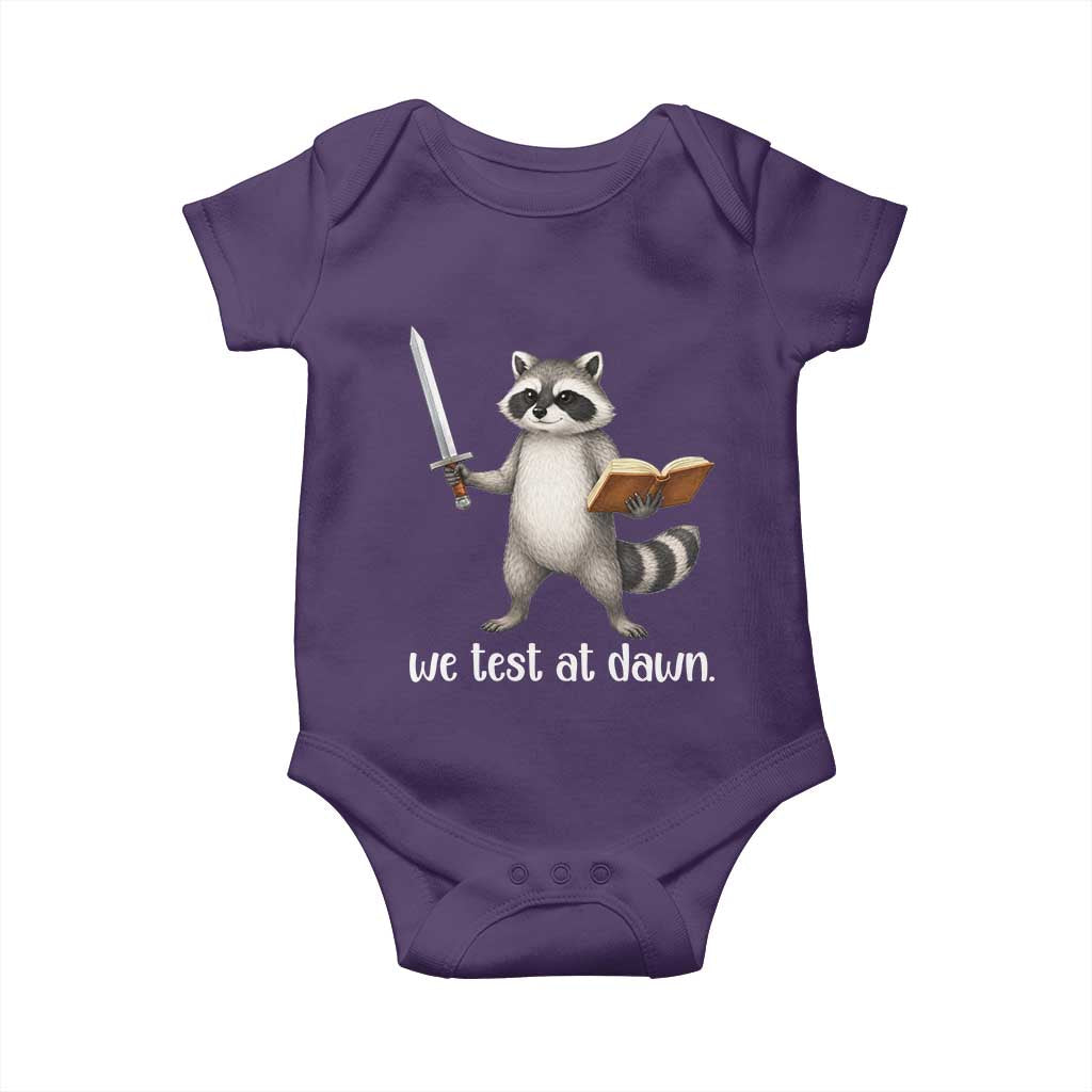 We Test At Dawn Raccoon Warrior Baby Onesie Funny Student Teacher Exam Motivation