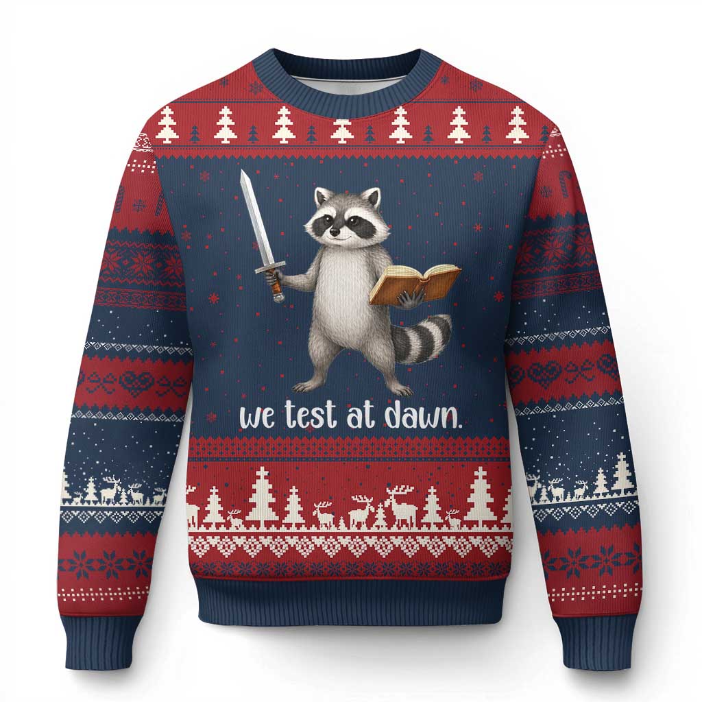 We Test At Dawn Raccoon Warrior Ugly Christmas Sweater Funny Student Teacher Exam Motivation