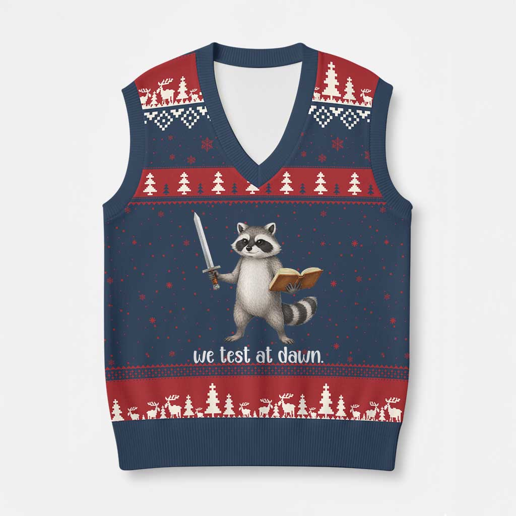 We Test At Dawn Raccoon Warrior V-Neck Knit Sweater Vest Funny Student Teacher Exam Motivation