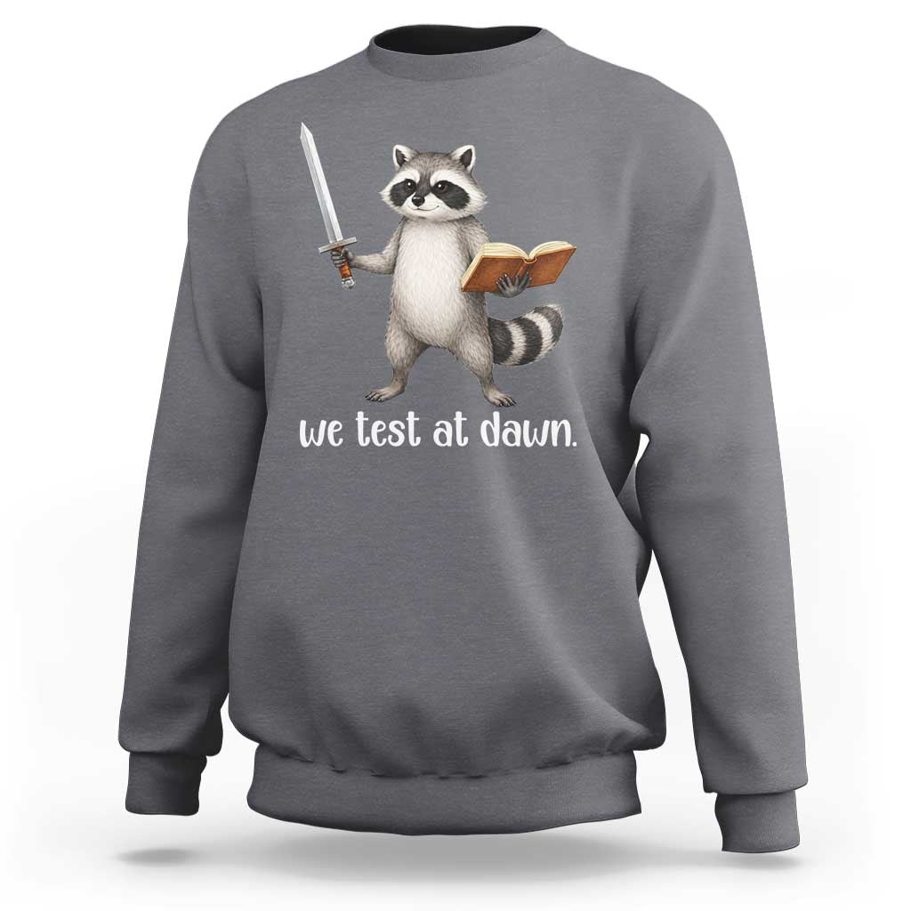We Test At Dawn Raccoon Warrior Sweatshirt Funny Student Teacher Exam Motivation