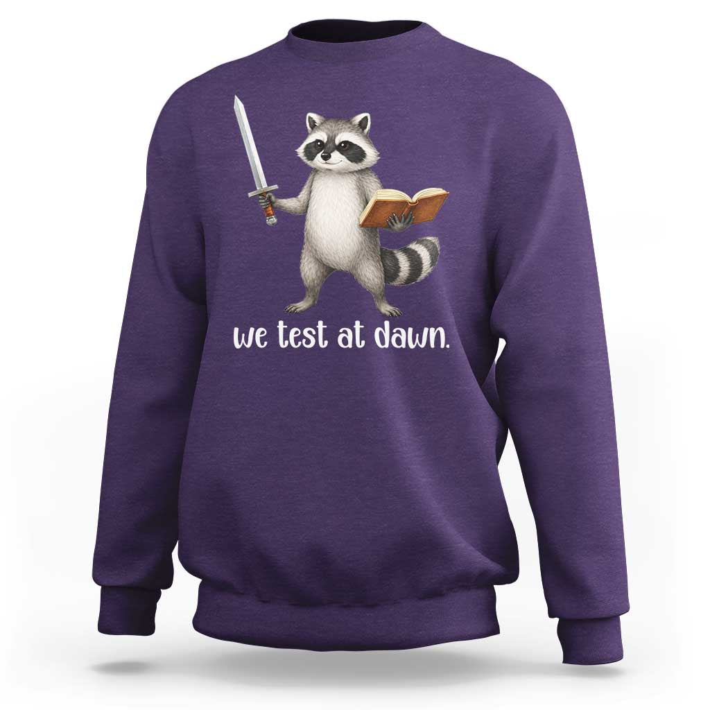 We Test At Dawn Raccoon Warrior Sweatshirt Funny Student Teacher Exam Motivation