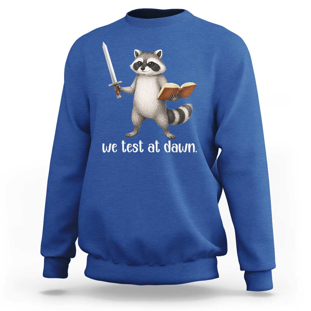 We Test At Dawn Raccoon Warrior Sweatshirt Funny Student Teacher Exam Motivation