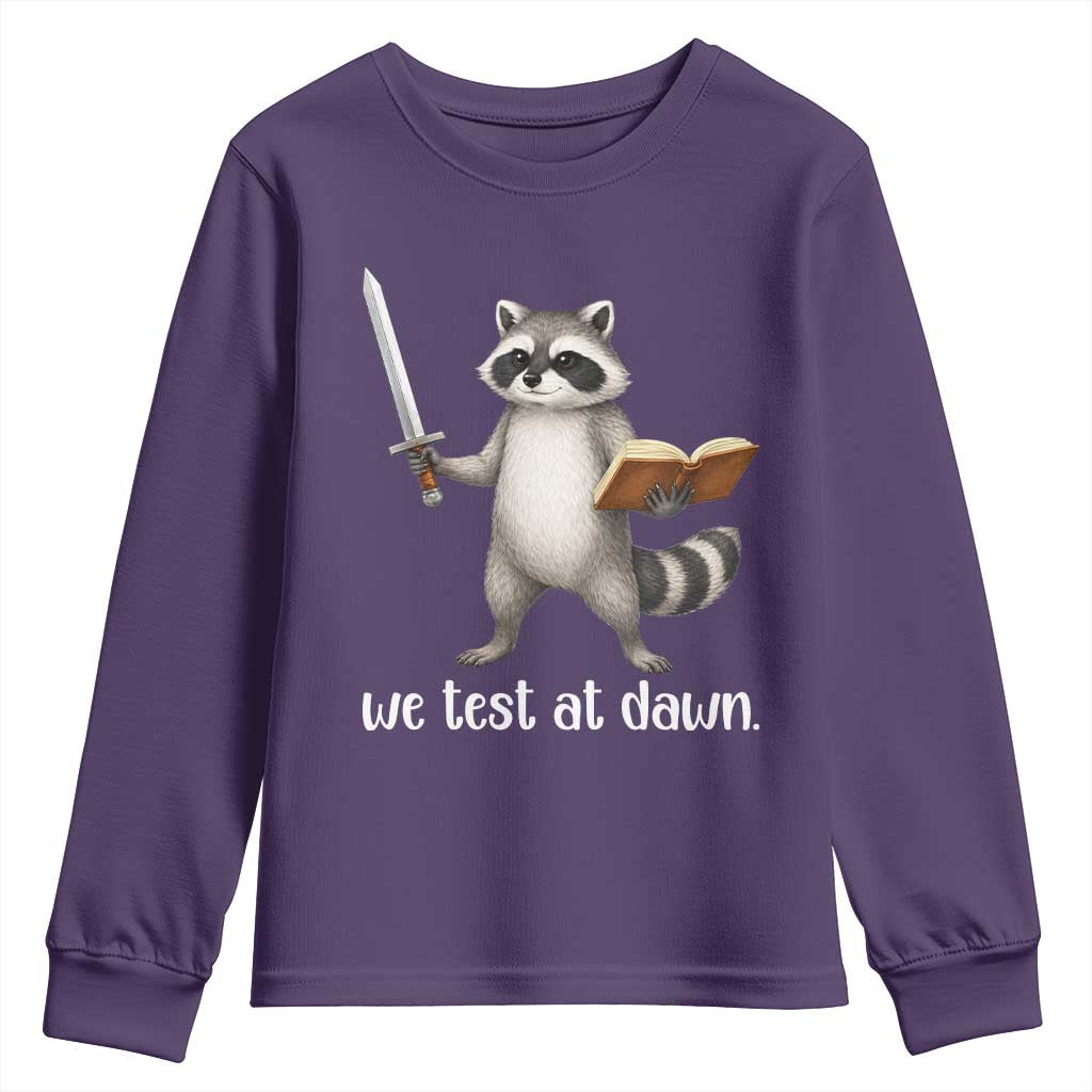 We Test At Dawn Raccoon Warrior Youth Sweatshirt Funny Student Teacher Exam Motivation