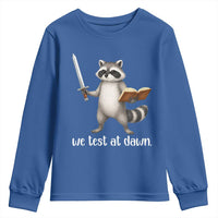 We Test At Dawn Raccoon Warrior Youth Sweatshirt Funny Student Teacher Exam Motivation