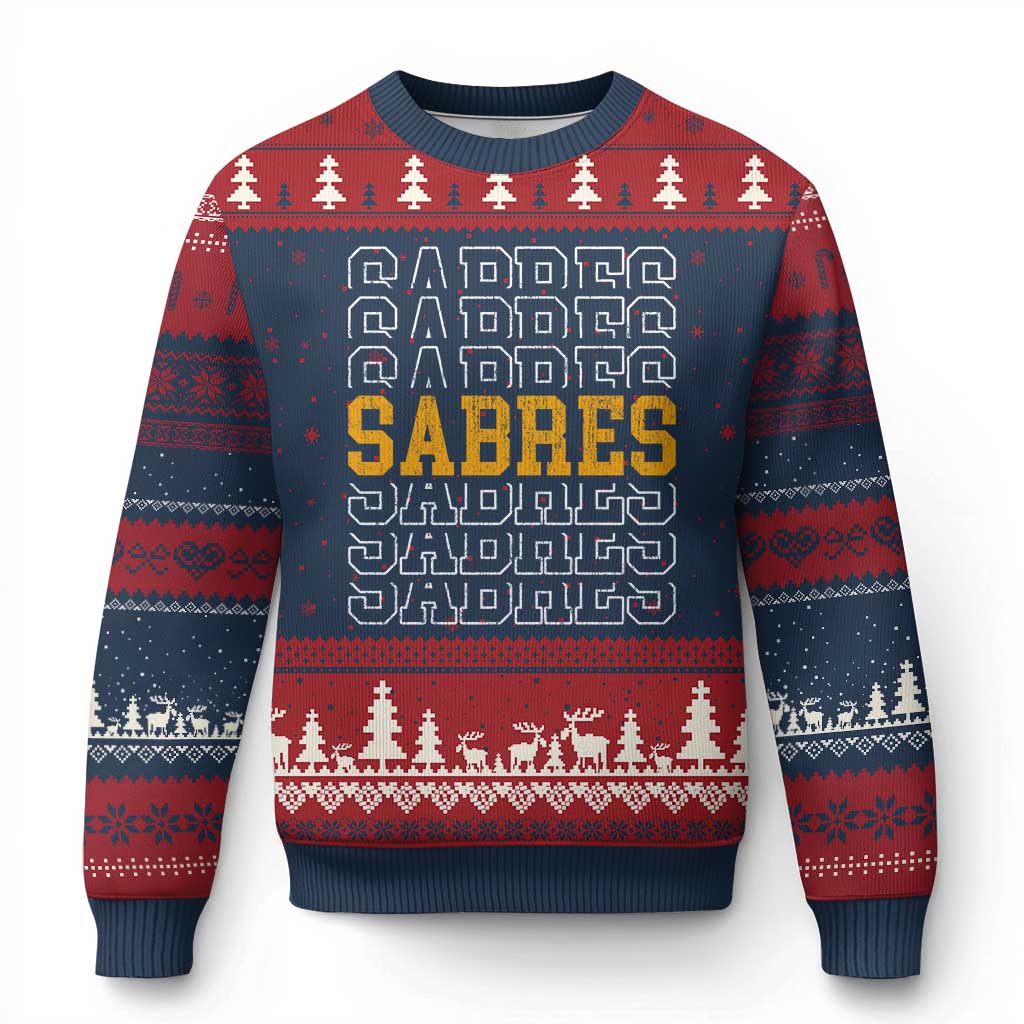 Retro Sabres Name Script Style Ugly Christmas Sweater Vintage Distressed Sports Spirit Fan Pride