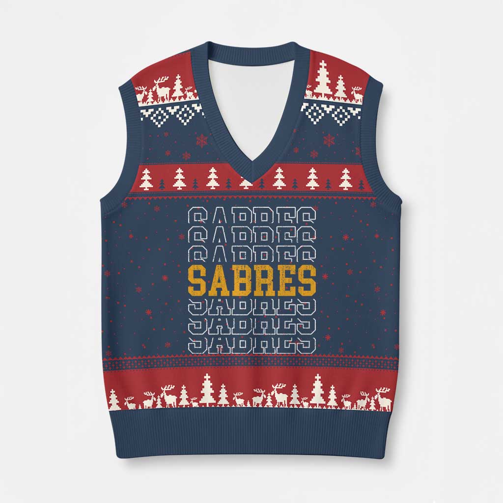 Retro Sabres Name Script Style V-Neck Knit Sweater Vest Vintage Distressed Sports Spirit Fan Pride