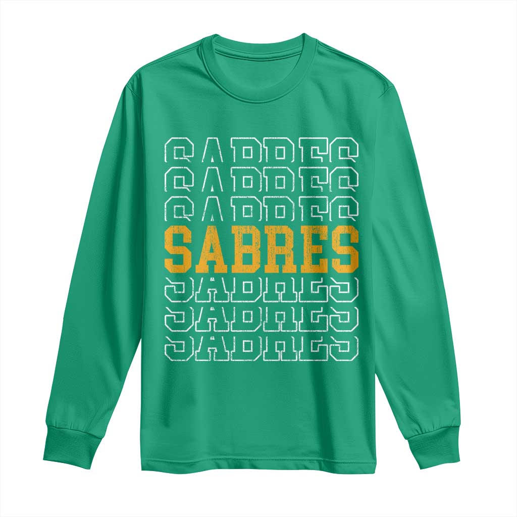 Retro Sabres Name Script Style Long Sleeve Shirt Vintage Distressed Sports Spirit Fan Pride