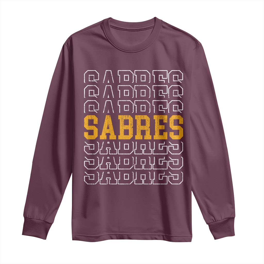 Retro Sabres Name Script Style Long Sleeve Shirt Vintage Distressed Sports Spirit Fan Pride