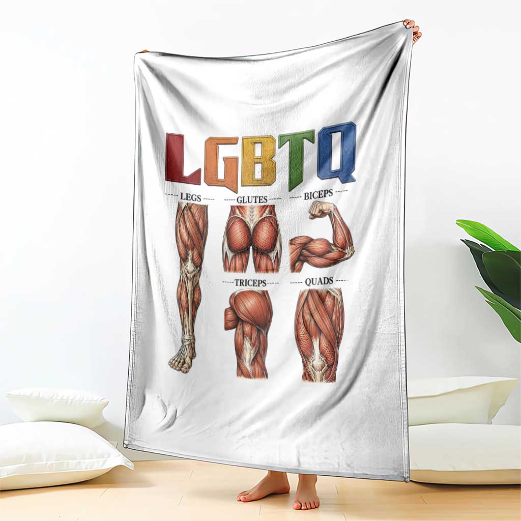 LGBTQ Acronym Funny Fitness Gym Rainbow Muscle Graphic Throw Blanket Legs Glutes Biceps Triceps Quads
