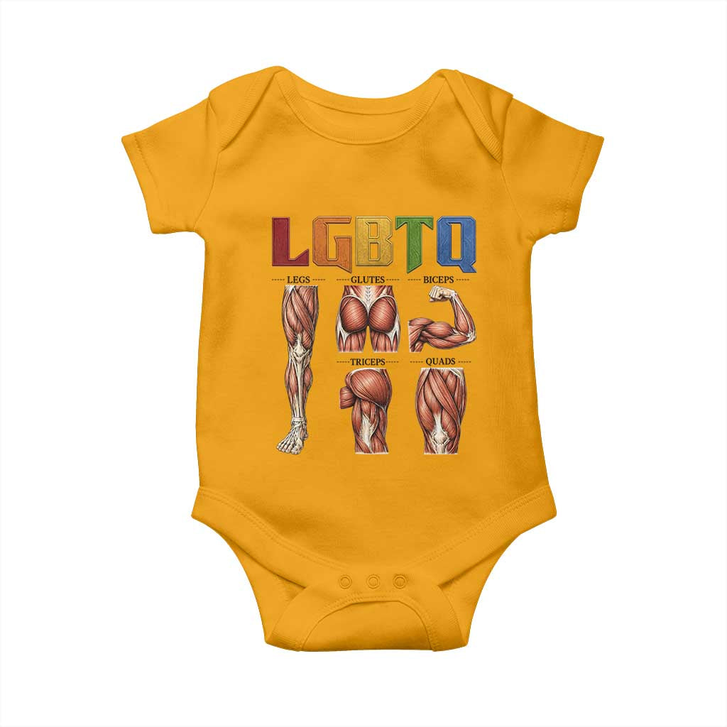 LGBTQ Acronym Funny Fitness Gym Rainbow Muscle Graphic Baby Onesie Legs Glutes Biceps Triceps Quads