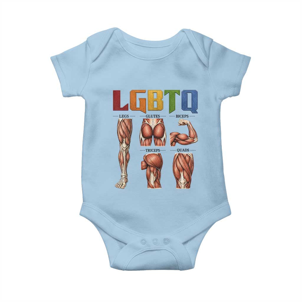 LGBTQ Acronym Funny Fitness Gym Rainbow Muscle Graphic Baby Onesie Legs Glutes Biceps Triceps Quads