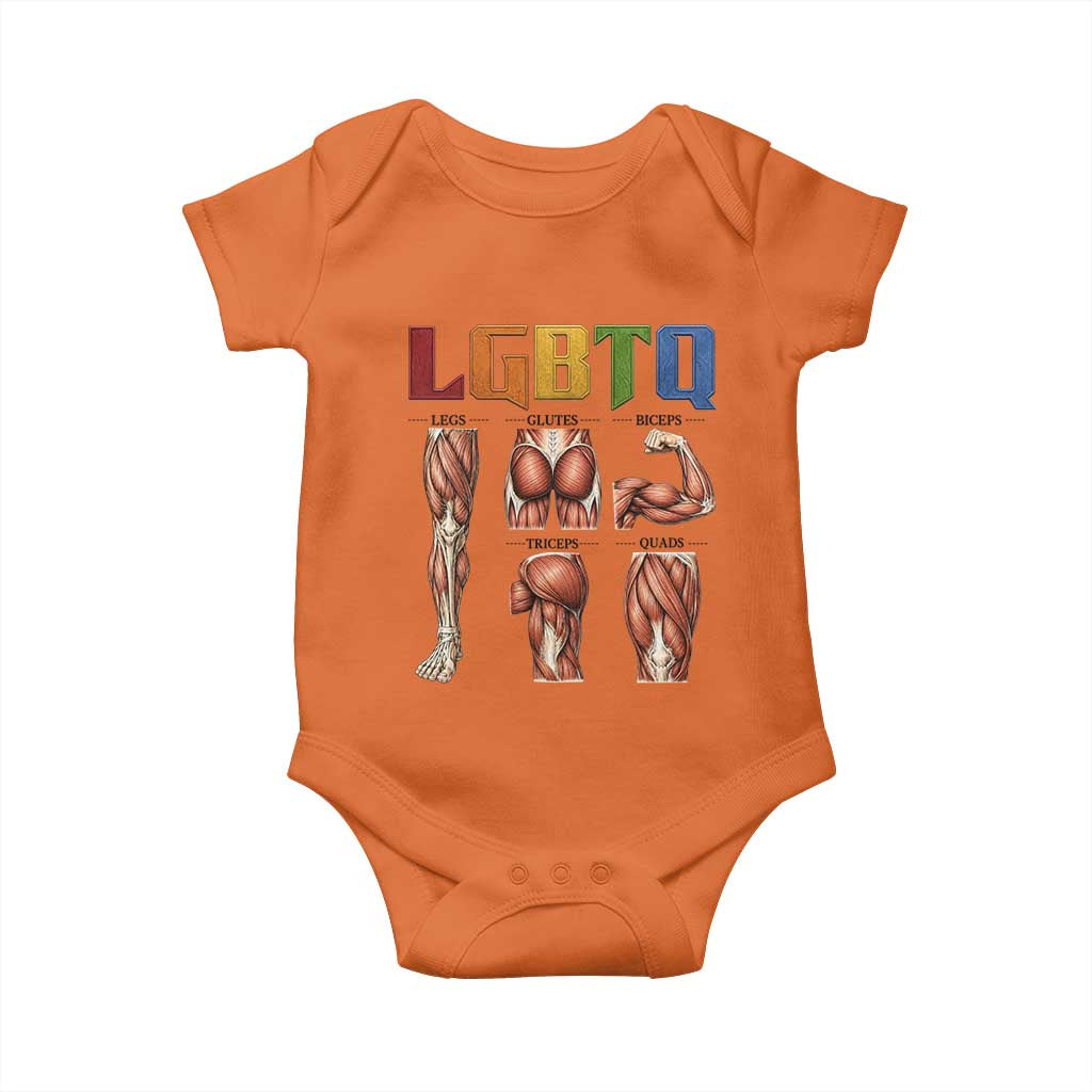 LGBTQ Acronym Funny Fitness Gym Rainbow Muscle Graphic Baby Onesie Legs Glutes Biceps Triceps Quads