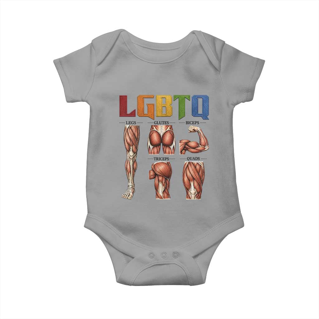 LGBTQ Acronym Funny Fitness Gym Rainbow Muscle Graphic Baby Onesie Legs Glutes Biceps Triceps Quads