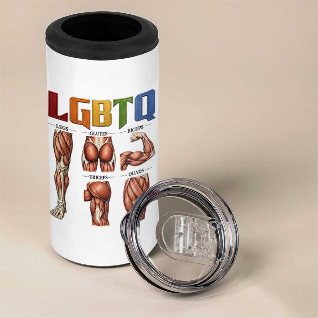 LGBTQ Acronym Funny Fitness Gym Rainbow Muscle Graphic 4 in 1 Can Cooler Tumbler Legs Glutes Biceps Triceps Quads