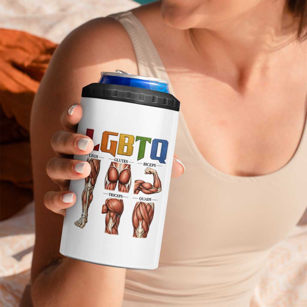 LGBTQ Acronym Funny Fitness Gym Rainbow Muscle Graphic 4 in 1 Can Cooler Tumbler Legs Glutes Biceps Triceps Quads