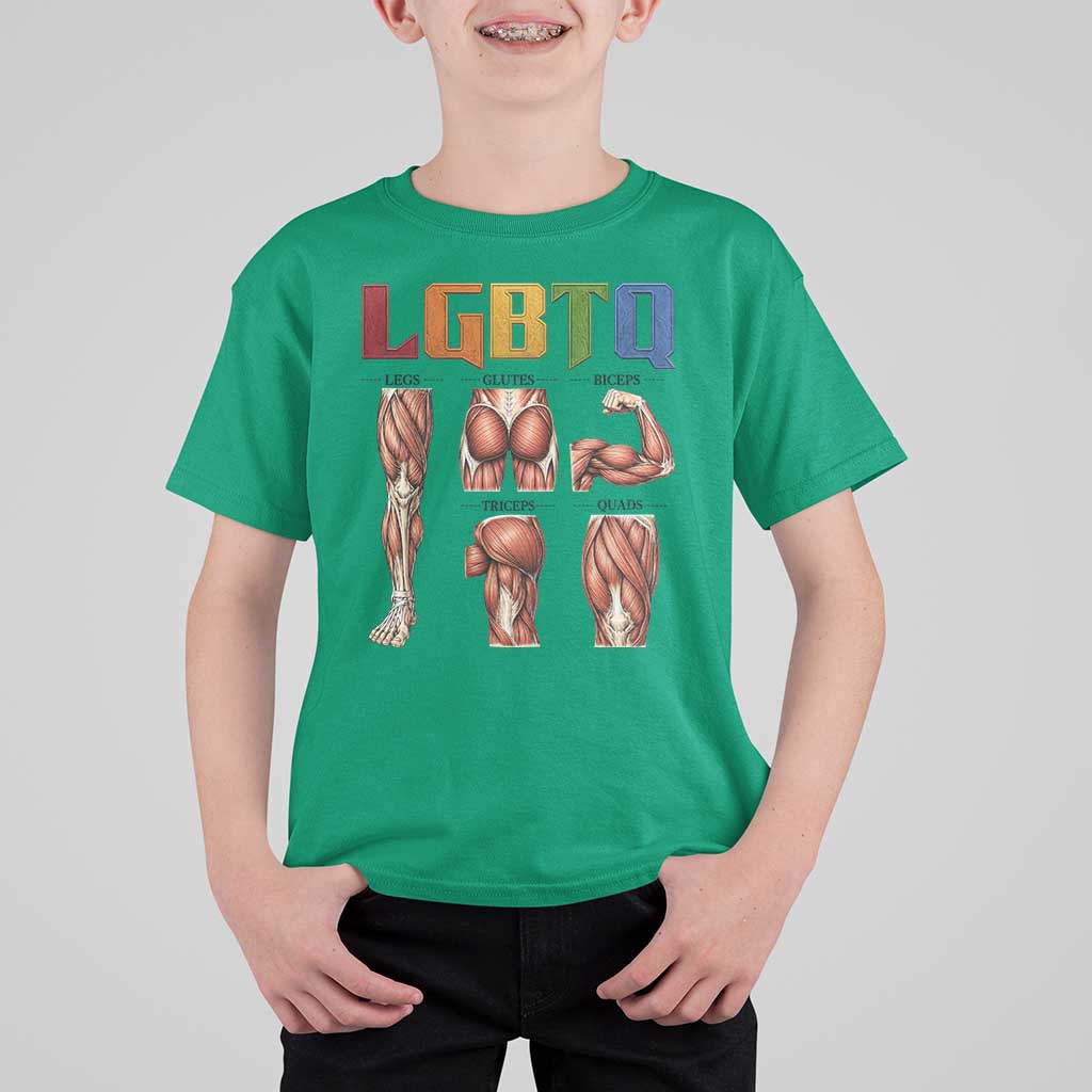 LGBTQ Acronym Funny Fitness Gym Rainbow Muscle Graphic T Shirt For Kid Legs Glutes Biceps Triceps Quads