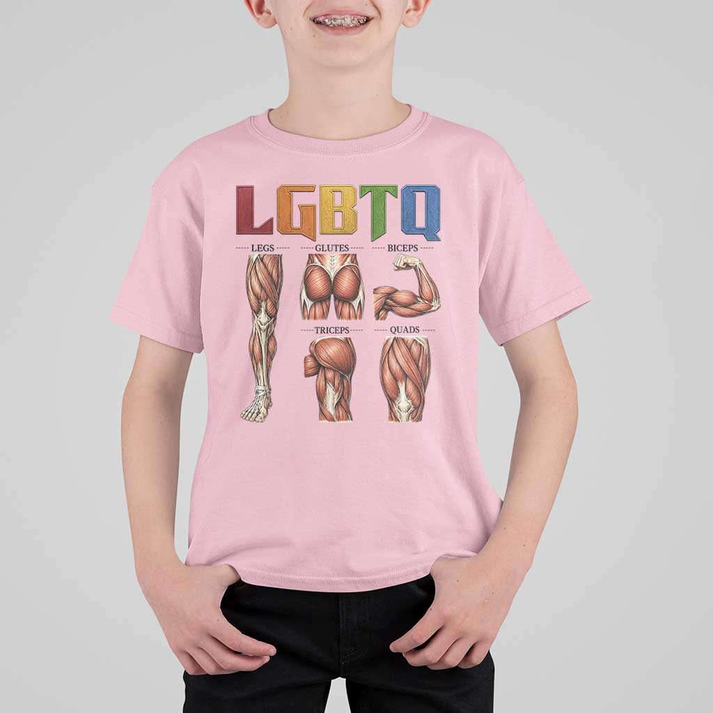 LGBTQ Acronym Funny Fitness Gym Rainbow Muscle Graphic T Shirt For Kid Legs Glutes Biceps Triceps Quads