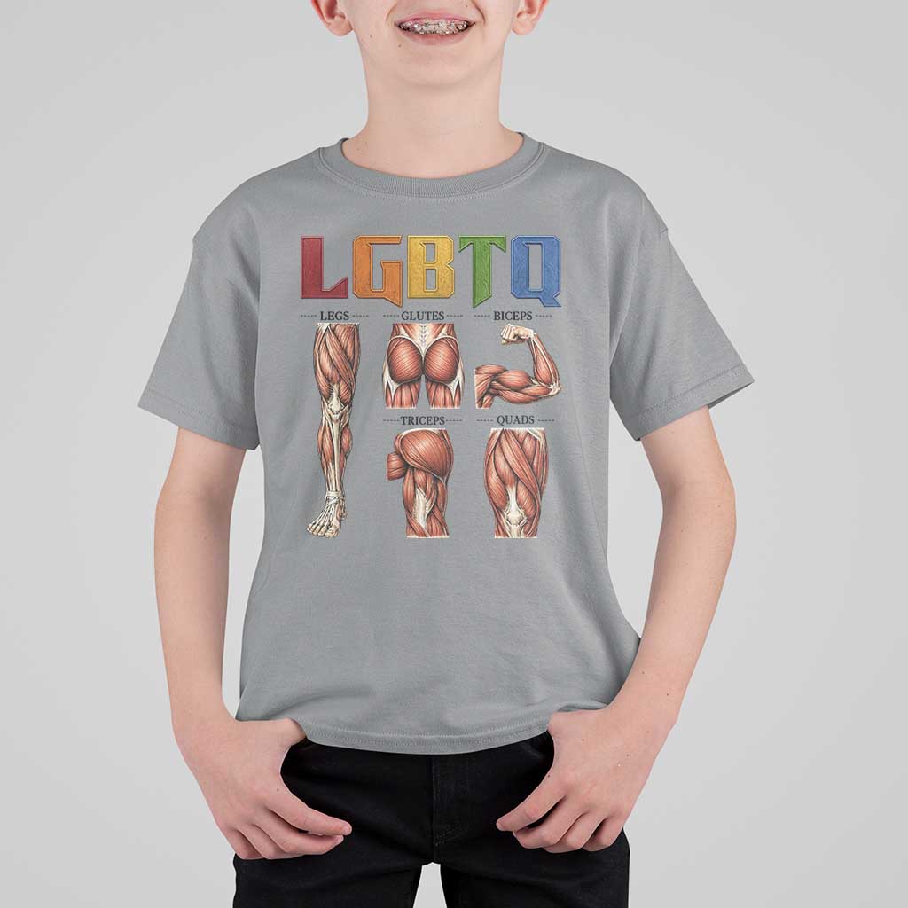 LGBTQ Acronym Funny Fitness Gym Rainbow Muscle Graphic T Shirt For Kid Legs Glutes Biceps Triceps Quads
