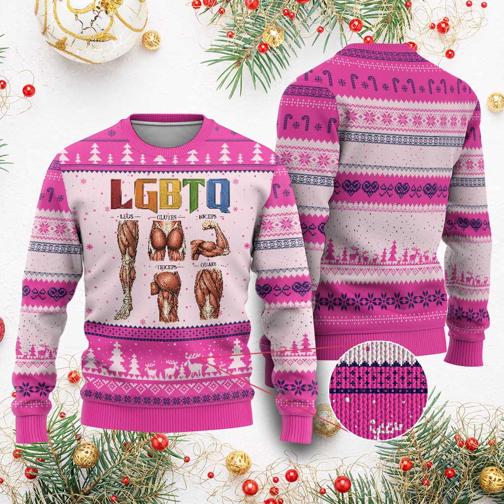 LGBTQ Acronym Funny Fitness Gym Rainbow Muscle Graphic Ugly Christmas Sweater Legs Glutes Biceps Triceps Quads