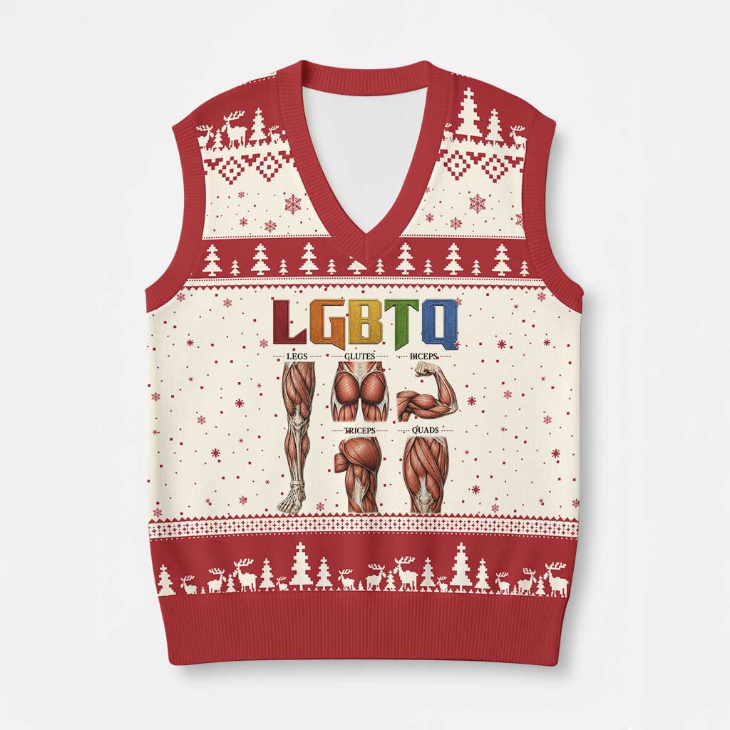 LGBTQ Acronym Funny Fitness Gym Rainbow Muscle Graphic V-Neck Knit Sweater Vest Legs Glutes Biceps Triceps Quads