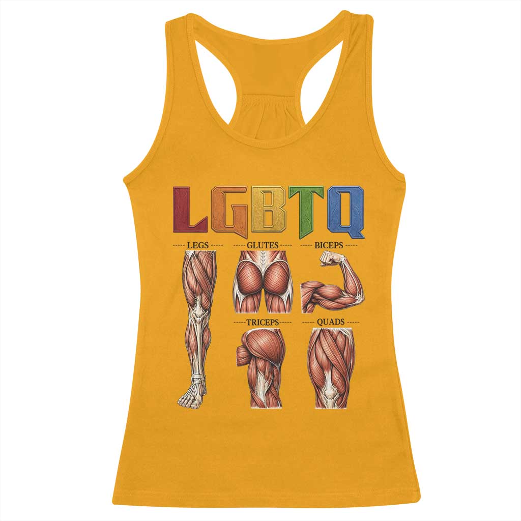LGBTQ Acronym Funny Fitness Gym Rainbow Muscle Graphic Racerback Tank Top Legs Glutes Biceps Triceps Quads