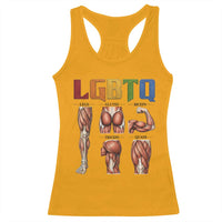 LGBTQ Acronym Funny Fitness Gym Rainbow Muscle Graphic Racerback Tank Top Legs Glutes Biceps Triceps Quads