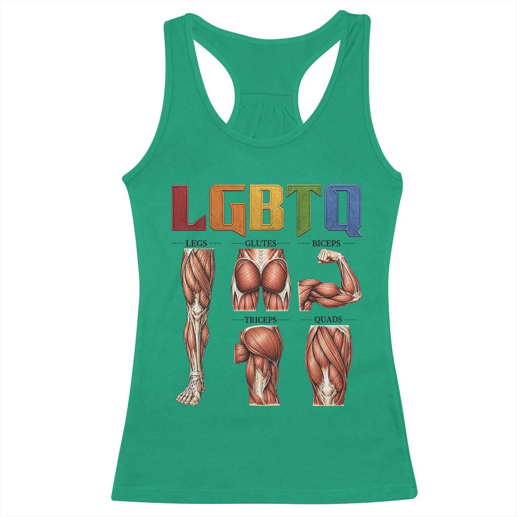 LGBTQ Acronym Funny Fitness Gym Rainbow Muscle Graphic Racerback Tank Top Legs Glutes Biceps Triceps Quads