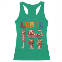 LGBTQ Acronym Funny Fitness Gym Rainbow Muscle Graphic Racerback Tank Top Legs Glutes Biceps Triceps Quads