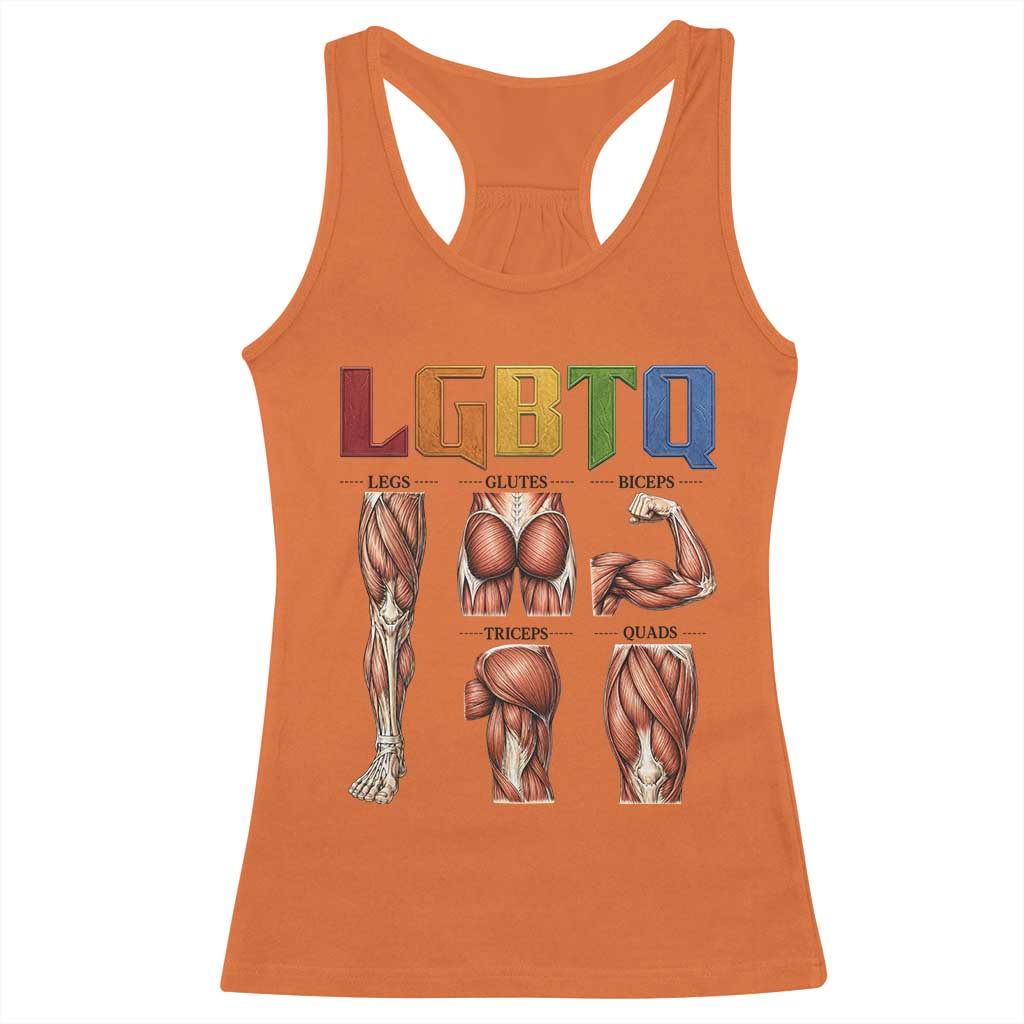LGBTQ Acronym Funny Fitness Gym Rainbow Muscle Graphic Racerback Tank Top Legs Glutes Biceps Triceps Quads