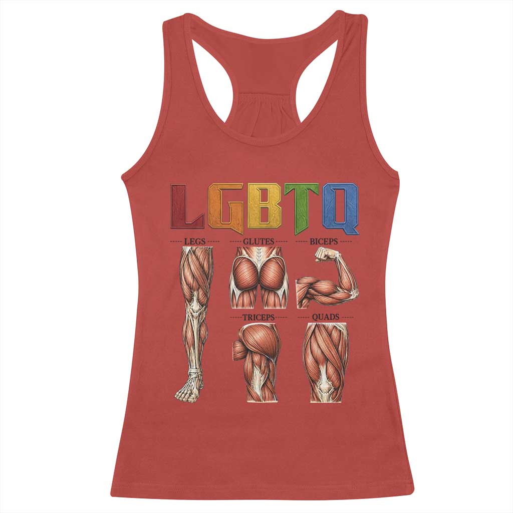 LGBTQ Acronym Funny Fitness Gym Rainbow Muscle Graphic Racerback Tank Top Legs Glutes Biceps Triceps Quads