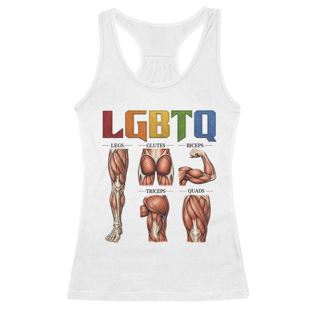 LGBTQ Acronym Funny Fitness Gym Rainbow Muscle Graphic Racerback Tank Top Legs Glutes Biceps Triceps Quads