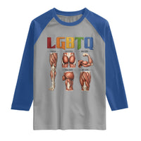 LGBTQ Acronym Funny Fitness Gym Rainbow Muscle Graphic Raglan Shirt Legs Glutes Biceps Triceps Quads