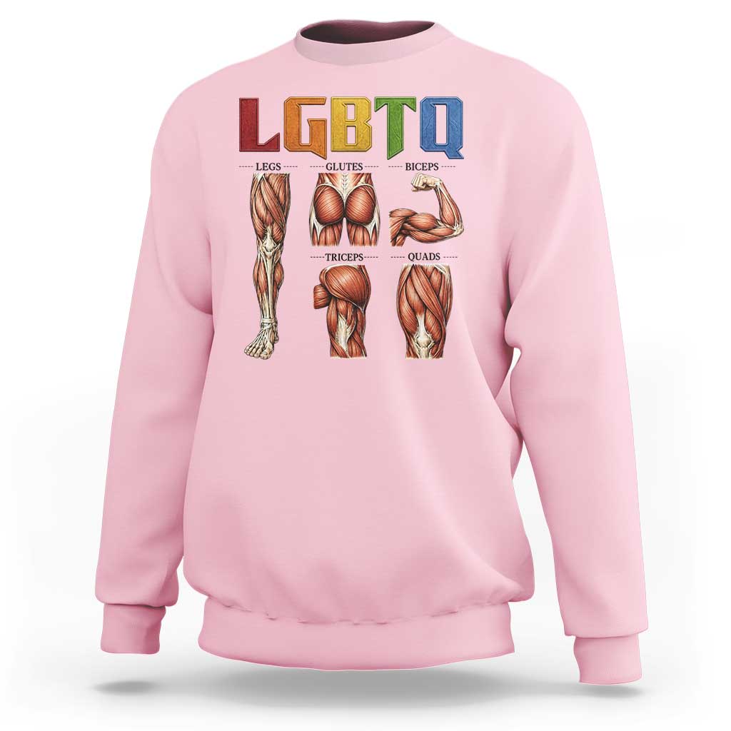 LGBTQ Acronym Funny Fitness Gym Rainbow Muscle Graphic Sweatshirt Legs Glutes Biceps Triceps Quads