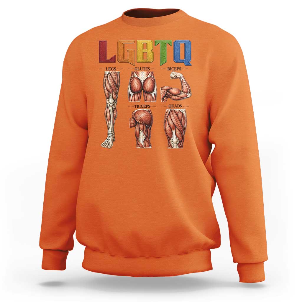 LGBTQ Acronym Funny Fitness Gym Rainbow Muscle Graphic Sweatshirt Legs Glutes Biceps Triceps Quads