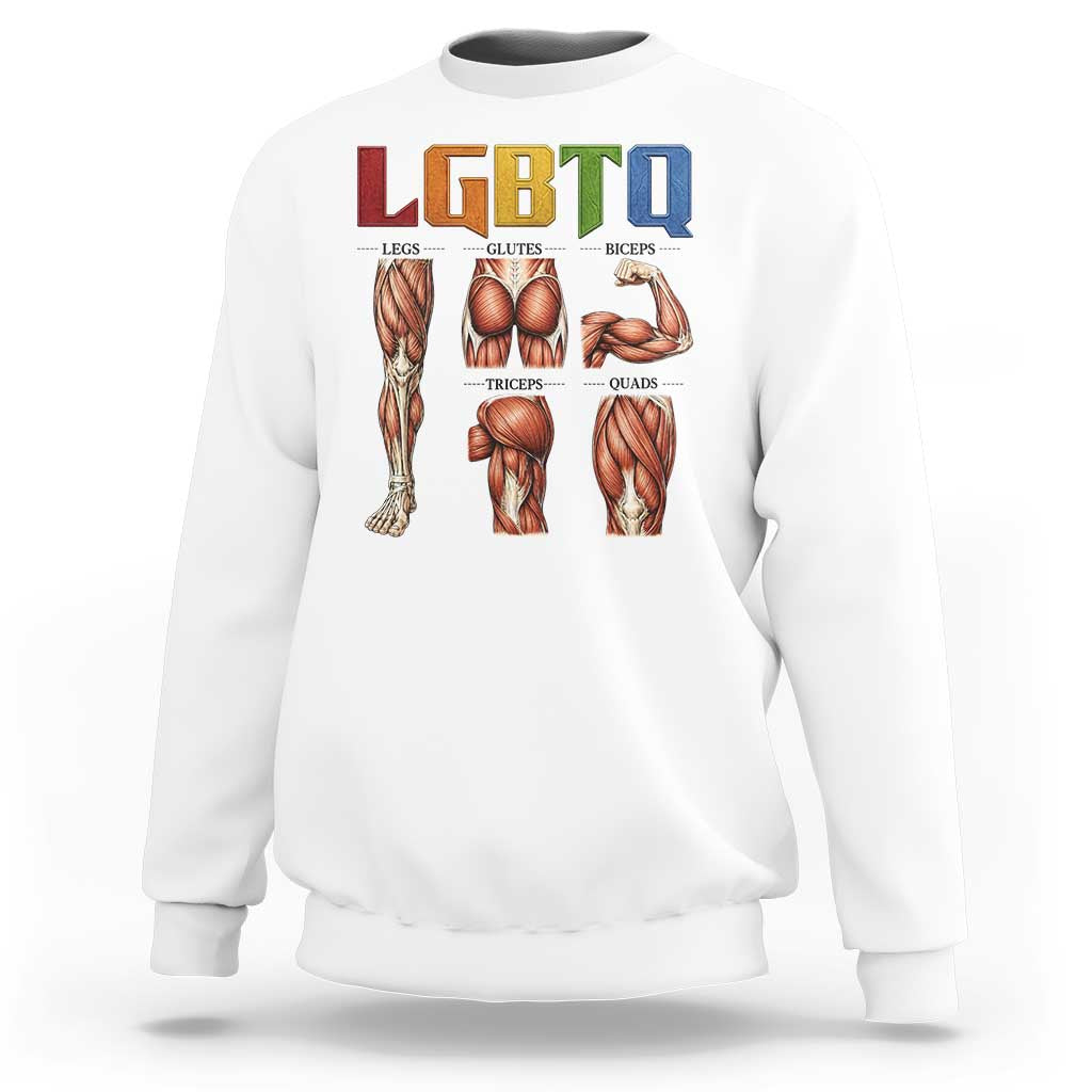 LGBTQ Acronym Funny Fitness Gym Rainbow Muscle Graphic Sweatshirt Legs Glutes Biceps Triceps Quads