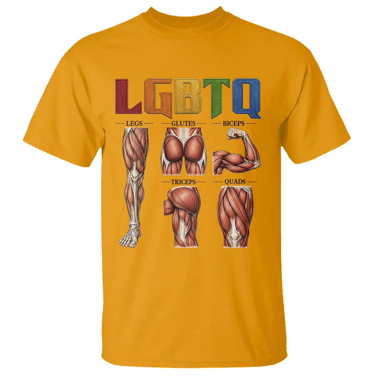 LGBTQ Acronym Funny Fitness Gym Rainbow Muscle Graphic T Shirt Legs Glutes Biceps Triceps Quads